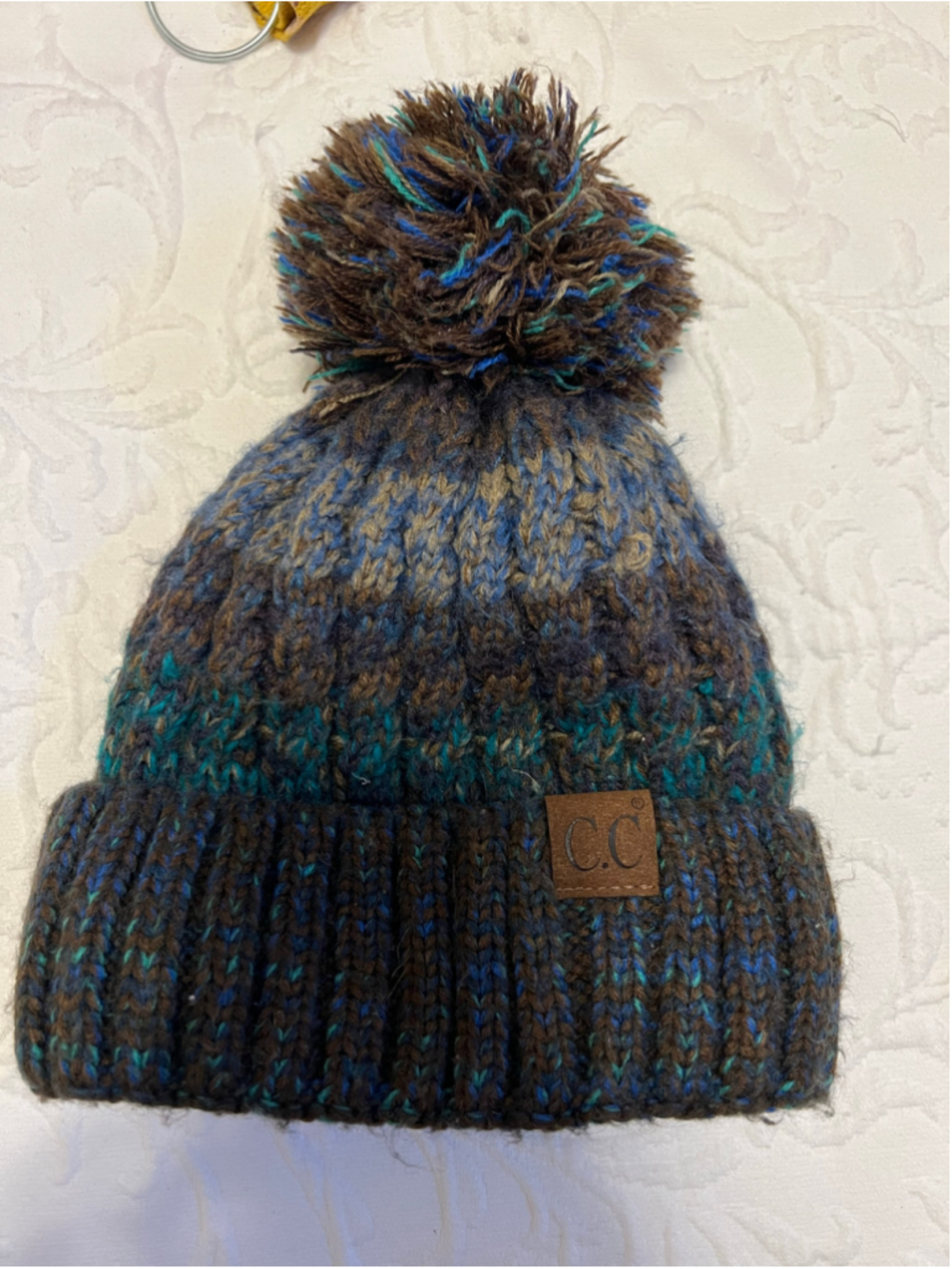 Women's C.C Beanie Hat One Size Brown Blue Knit Pom Pom